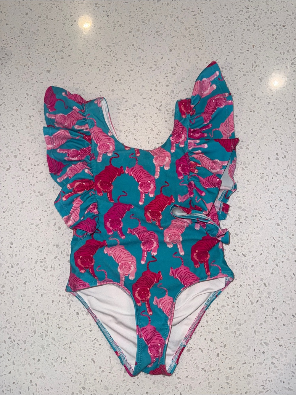 Posh Peanut One-Piece Swimsuit with Pink Tiger Print and Ruffle Sleeves 3T